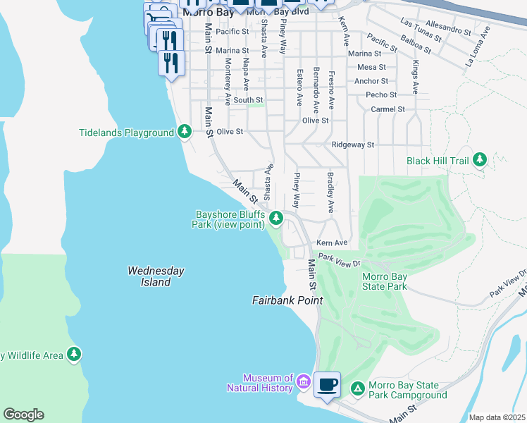 map of restaurants, bars, coffee shops, grocery stores, and more near 201 Main Street in Morro Bay