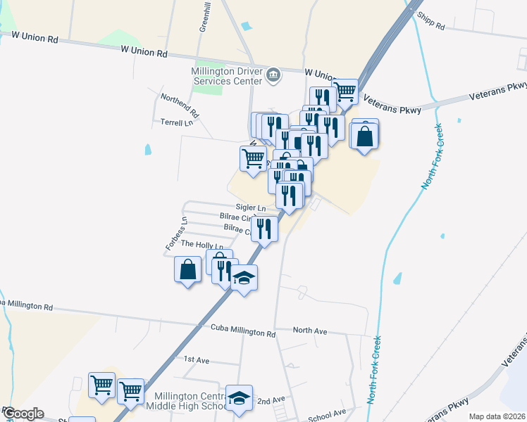 map of restaurants, bars, coffee shops, grocery stores, and more near 5002 Bilrae Circle North in Millington