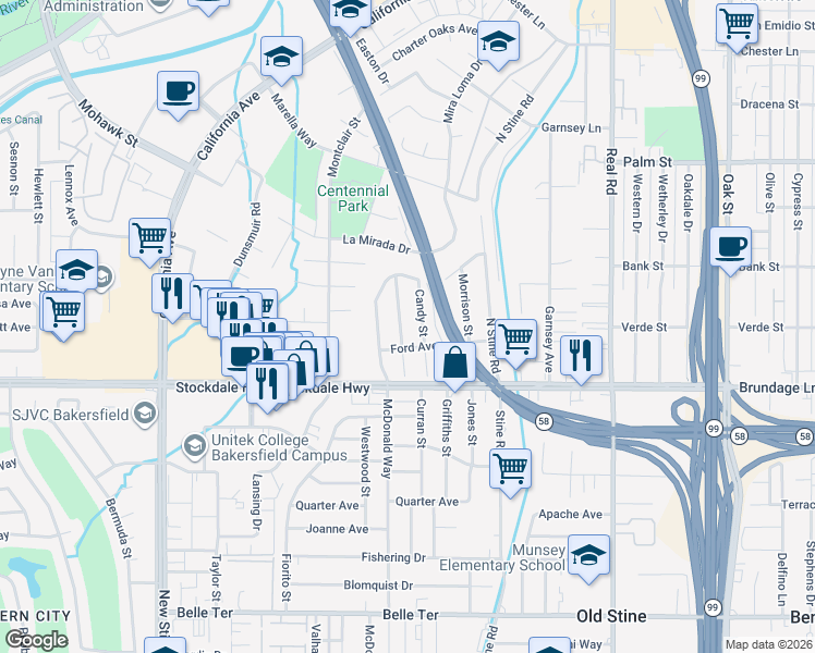 map of restaurants, bars, coffee shops, grocery stores, and more near 125 Suzanne Street in Bakersfield