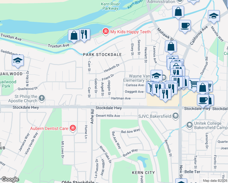 map of restaurants, bars, coffee shops, grocery stores, and more near 116 Blanding Court in Bakersfield
