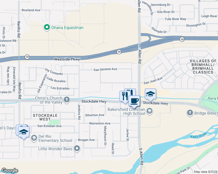 map of restaurants, bars, coffee shops, grocery stores, and more near 116 Cortez Court in Bakersfield