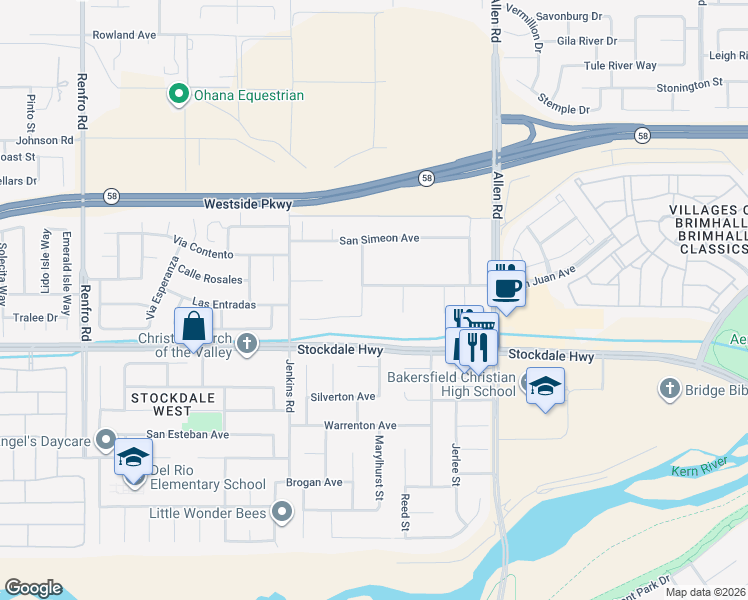 map of restaurants, bars, coffee shops, grocery stores, and more near 112 El Paso Road in Bakersfield