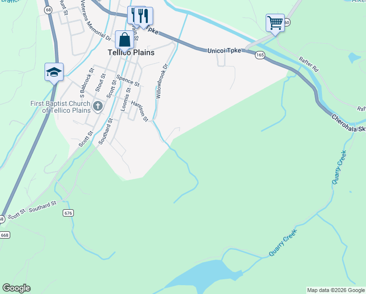 map of restaurants, bars, coffee shops, grocery stores, and more near 142 Poplar Road in Tellico Plains