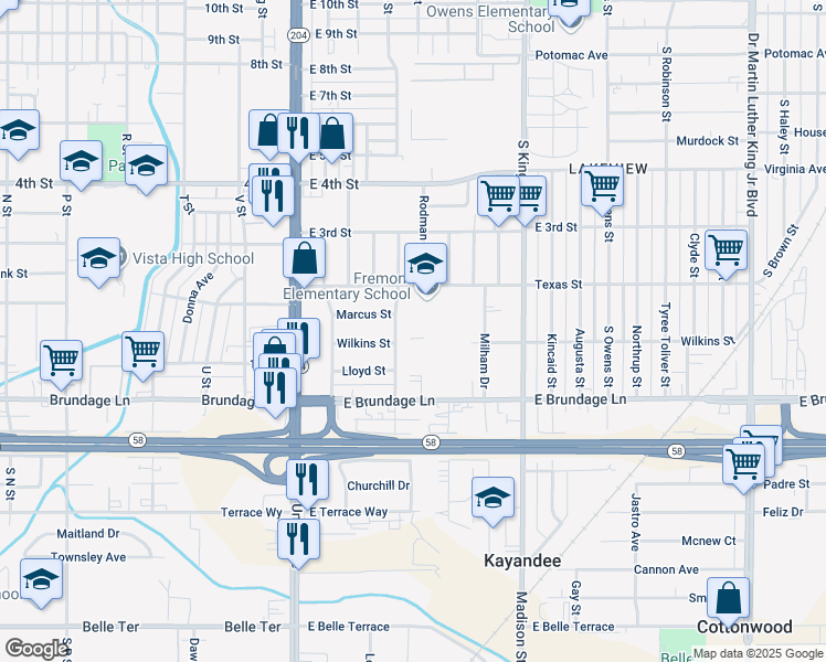 map of restaurants, bars, coffee shops, grocery stores, and more near 607 Texas Street in Bakersfield