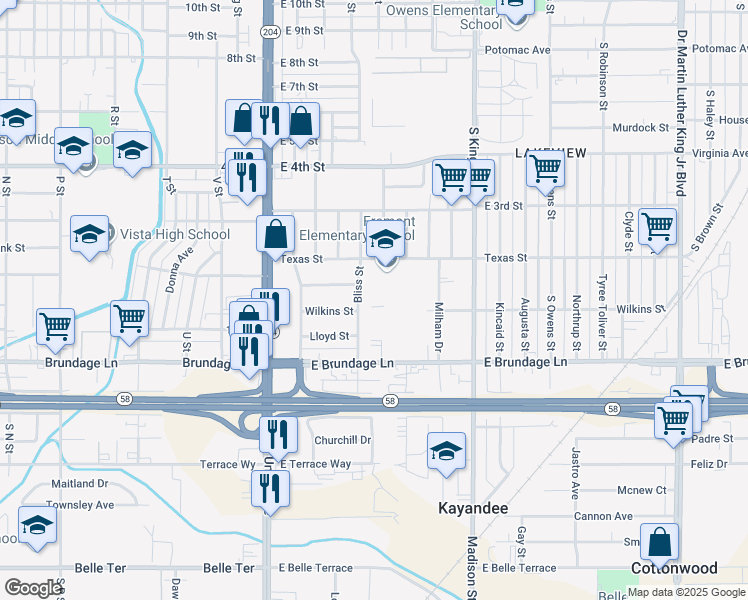 map of restaurants, bars, coffee shops, grocery stores, and more near 607 Texas Street in Bakersfield