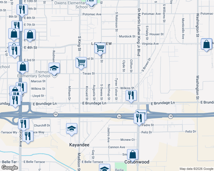 map of restaurants, bars, coffee shops, grocery stores, and more near 114 Northrup Street in Bakersfield