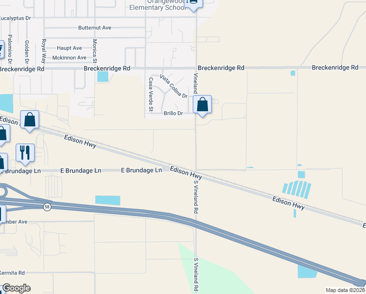 map of restaurants, bars, coffee shops, grocery stores, and more near 140 Vineland Road in Bakersfield