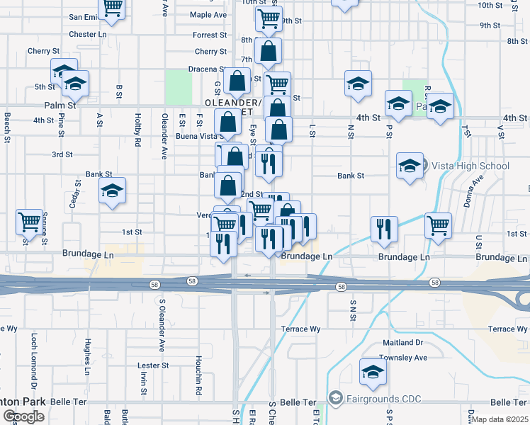 map of restaurants, bars, coffee shops, grocery stores, and more near 147 Chester Avenue in Bakersfield