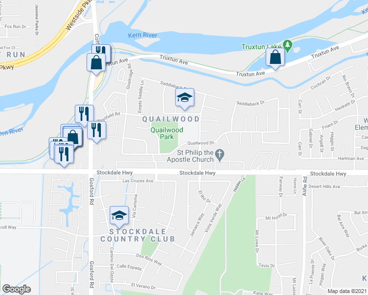 map of restaurants, bars, coffee shops, grocery stores, and more near 7205 Quailwood Drive in Bakersfield