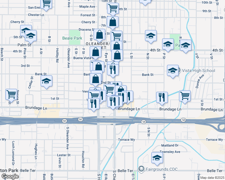 map of restaurants, bars, coffee shops, grocery stores, and more near 133 Chester Avenue in Bakersfield