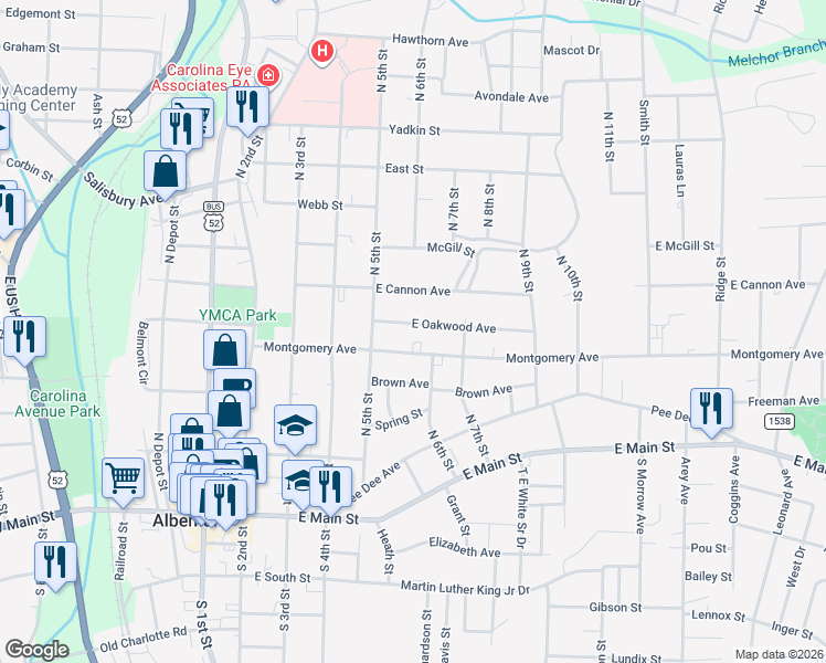 map of restaurants, bars, coffee shops, grocery stores, and more near 437 East Oakwood Avenue in Albemarle