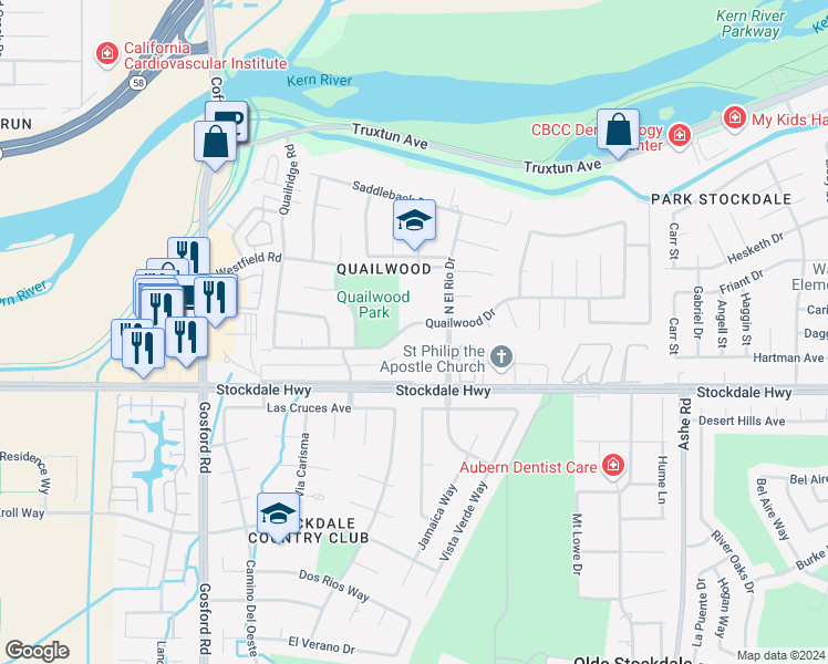 map of restaurants, bars, coffee shops, grocery stores, and more near 7205 Quailwood Drive in Bakersfield