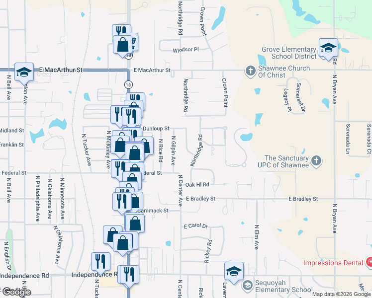map of restaurants, bars, coffee shops, grocery stores, and more near 8 North Beckley Street in Shawnee