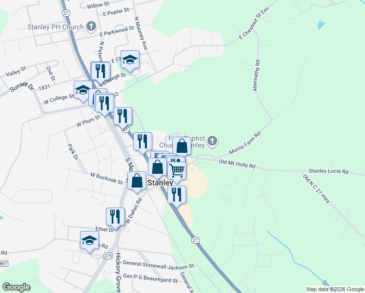 map of restaurants, bars, coffee shops, grocery stores, and more near 301 Old Mount Holly Road in Stanley