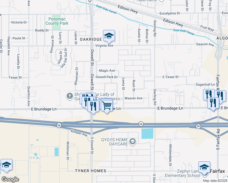 map of restaurants, bars, coffee shops, grocery stores, and more near 5219 Skeldale Court in Bakersfield