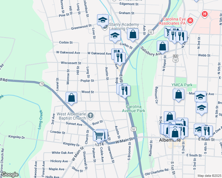 map of restaurants, bars, coffee shops, grocery stores, and more near 610 Austin Street in Albemarle
