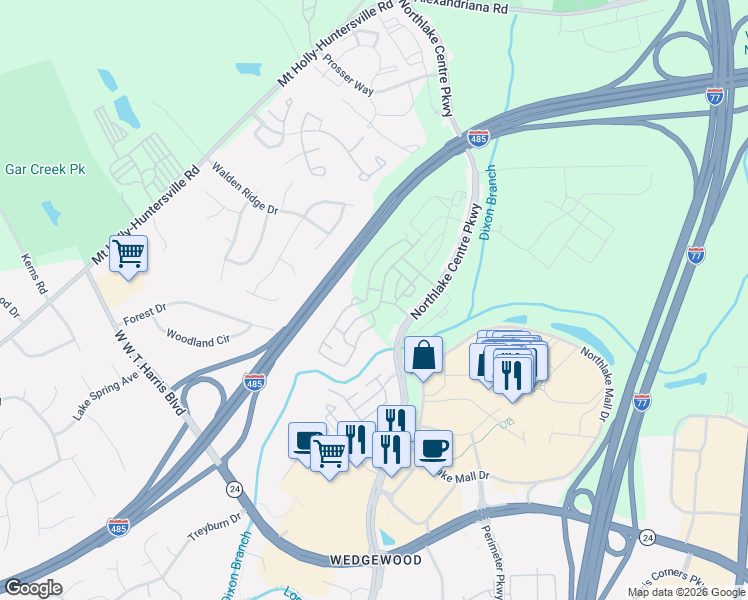 map of restaurants, bars, coffee shops, grocery stores, and more near 10307 Tisbury Road in Charlotte