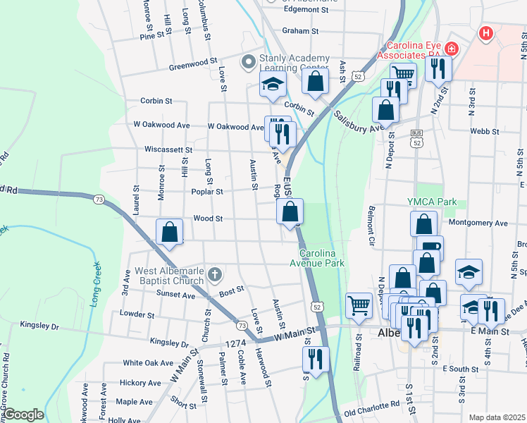 map of restaurants, bars, coffee shops, grocery stores, and more near 610 Austin Street in Albemarle