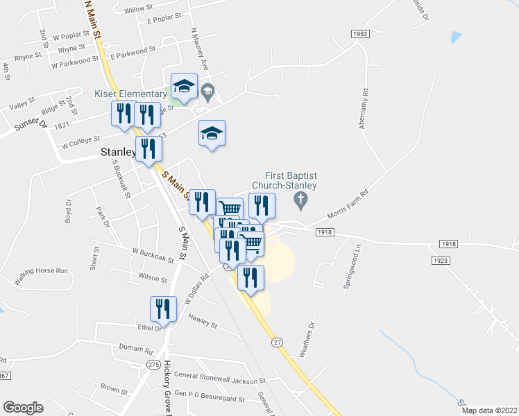 map of restaurants, bars, coffee shops, grocery stores, and more near 301 Old Mount Holly Road in Stanley