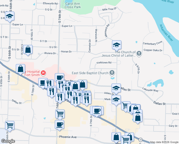 map of restaurants, bars, coffee shops, grocery stores, and more near 7718 Williamsburg Road in Fort Smith
