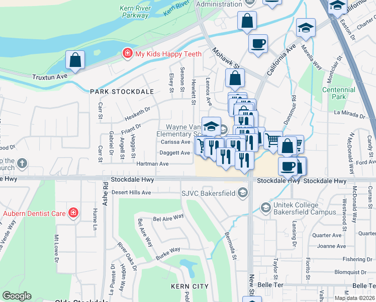 map of restaurants, bars, coffee shops, grocery stores, and more near 5705 Daggett Avenue in Bakersfield