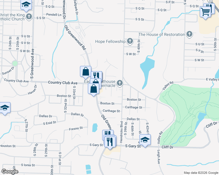 map of restaurants, bars, coffee shops, grocery stores, and more near 3514 Country Club Avenue in Fort Smith