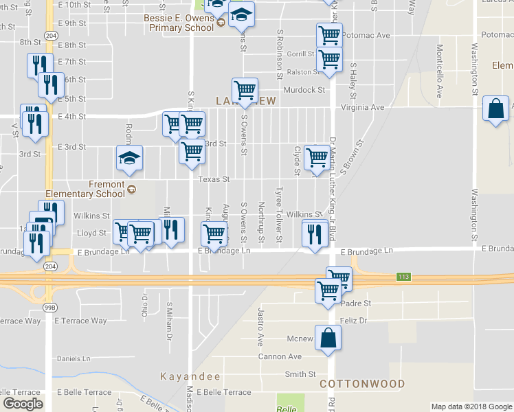 map of restaurants, bars, coffee shops, grocery stores, and more near 115 South Owens Street in Bakersfield