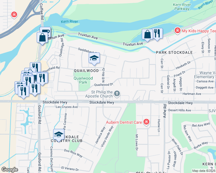 map of restaurants, bars, coffee shops, grocery stores, and more near 7004 Quailwood Drive in Bakersfield