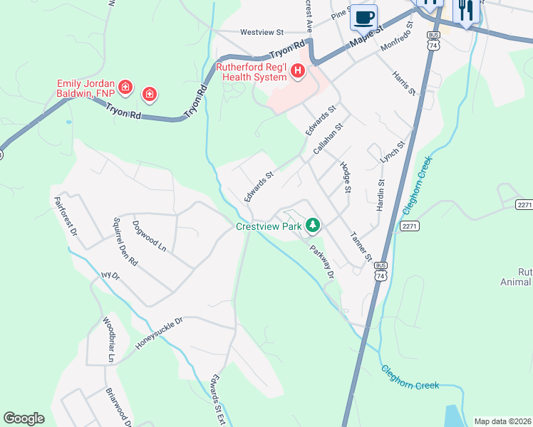 map of restaurants, bars, coffee shops, grocery stores, and more near 308 Crestview Street in Rutherfordton