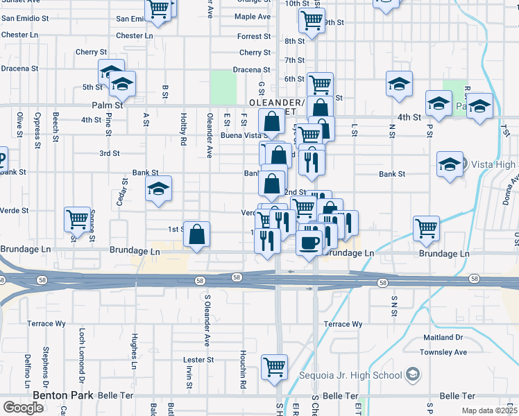 map of restaurants, bars, coffee shops, grocery stores, and more near 1806 Verde Street in Bakersfield