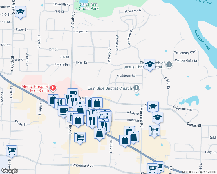 map of restaurants, bars, coffee shops, grocery stores, and more near 7718 Williamsburg Road in Fort Smith
