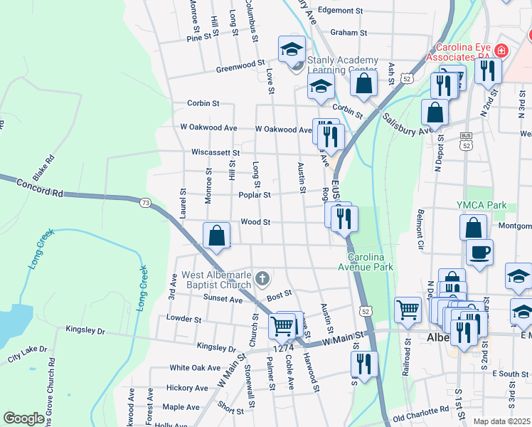 map of restaurants, bars, coffee shops, grocery stores, and more near 612 Long Street in Albemarle
