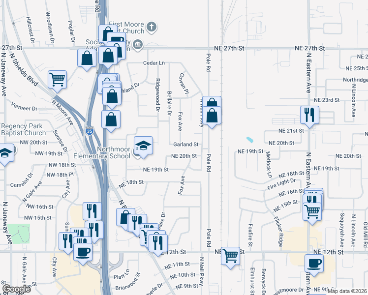 map of restaurants, bars, coffee shops, grocery stores, and more near 2100 Fox Avenue in Moore