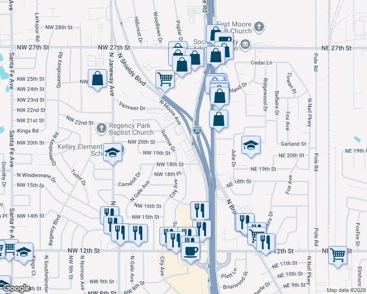 map of restaurants, bars, coffee shops, grocery stores, and more near 1917 North Moore Avenue in Moore