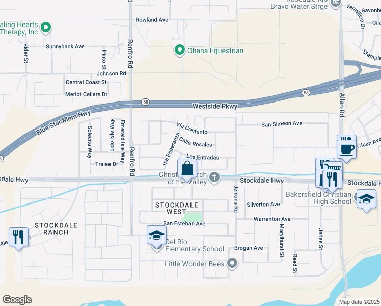 map of restaurants, bars, coffee shops, grocery stores, and more near 14016 Las Entradas in Bakersfield
