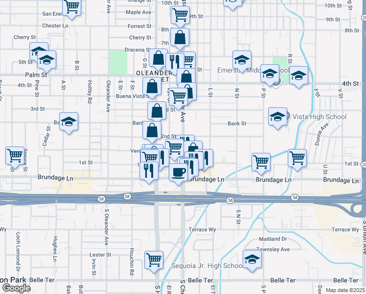 map of restaurants, bars, coffee shops, grocery stores, and more near 141 Chester Avenue in Bakersfield