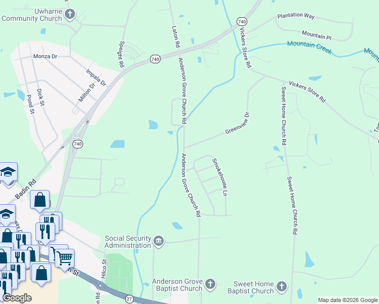 map of restaurants, bars, coffee shops, grocery stores, and more near 480 Anderson Grove Church Road in Albemarle