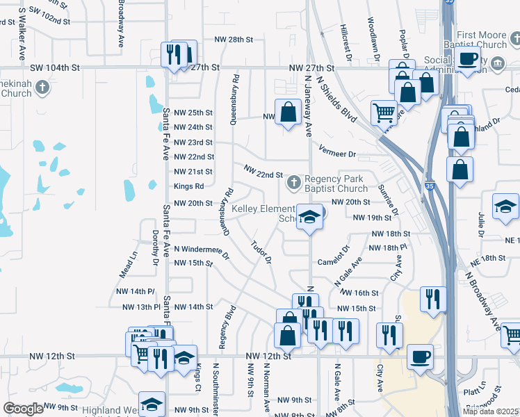 map of restaurants, bars, coffee shops, grocery stores, and more near 905 Northwest 19th Street in Moore