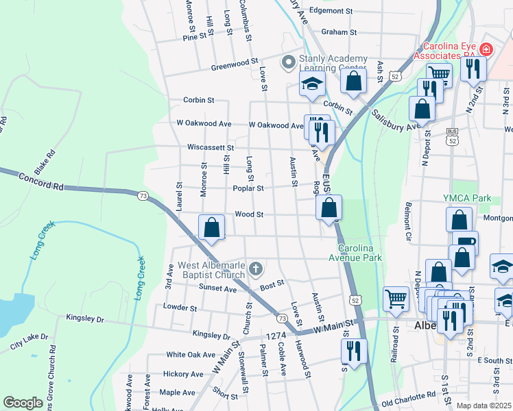map of restaurants, bars, coffee shops, grocery stores, and more near 612 Long Street in Albemarle