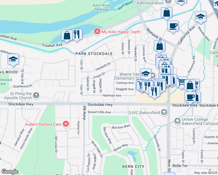 map of restaurants, bars, coffee shops, grocery stores, and more near 116 Blanding Court in Bakersfield