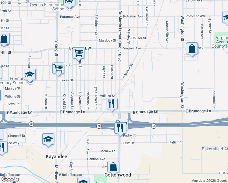map of restaurants, bars, coffee shops, grocery stores, and more near 121 Clifton Street in Bakersfield