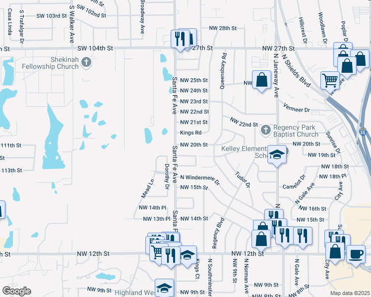 map of restaurants, bars, coffee shops, grocery stores, and more near 1056 Northwest 20th Street in Moore