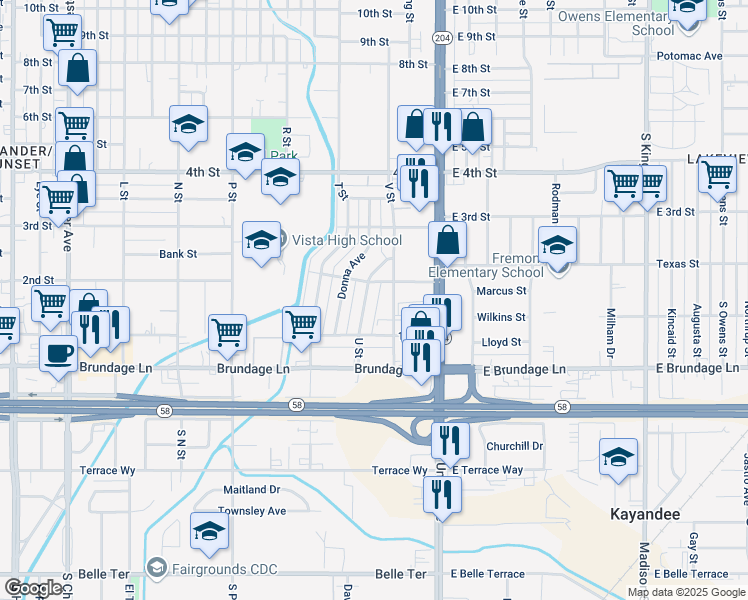 map of restaurants, bars, coffee shops, grocery stores, and more near in Bakersfield