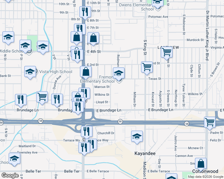 map of restaurants, bars, coffee shops, grocery stores, and more near 421 Marcus Street in Bakersfield