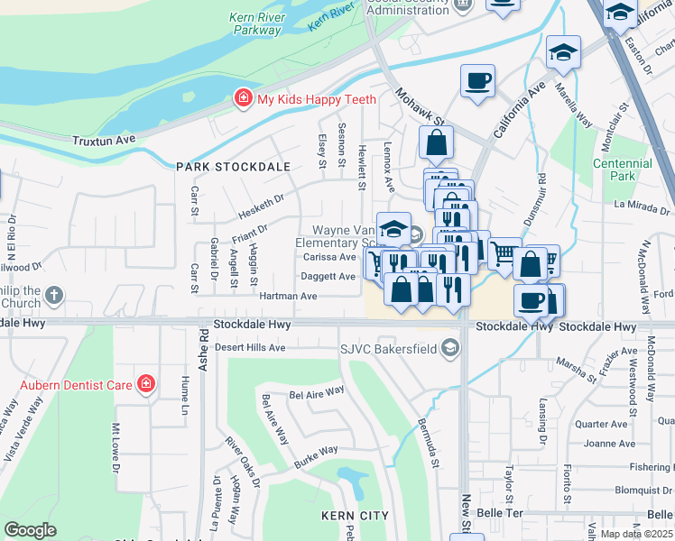 map of restaurants, bars, coffee shops, grocery stores, and more near 5713 Carissa Avenue in Bakersfield