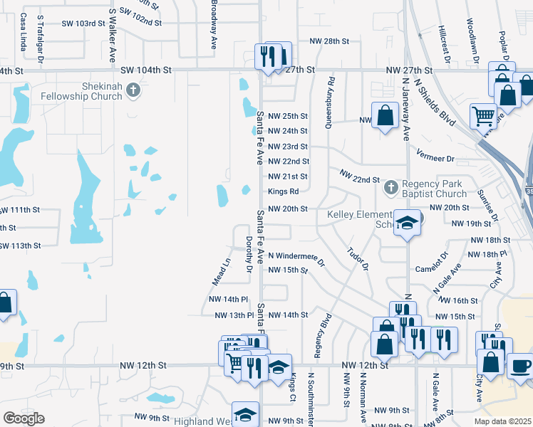 map of restaurants, bars, coffee shops, grocery stores, and more near 1056 Northwest 20th Street in Moore