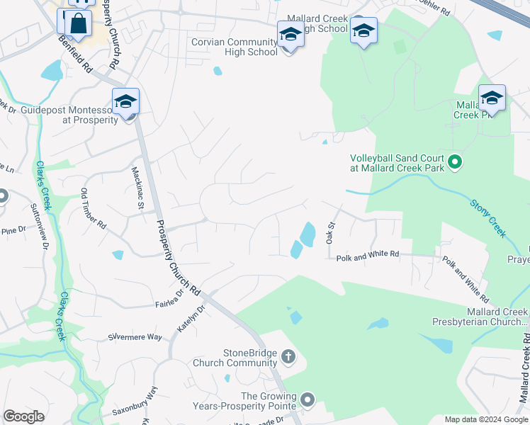 map of restaurants, bars, coffee shops, grocery stores, and more near 10419 Worsley Lane in Charlotte