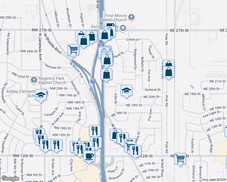 map of restaurants, bars, coffee shops, grocery stores, and more near 120 Northeast 21st Street in Moore