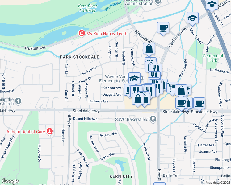 map of restaurants, bars, coffee shops, grocery stores, and more near 5713 Carissa Avenue in Bakersfield