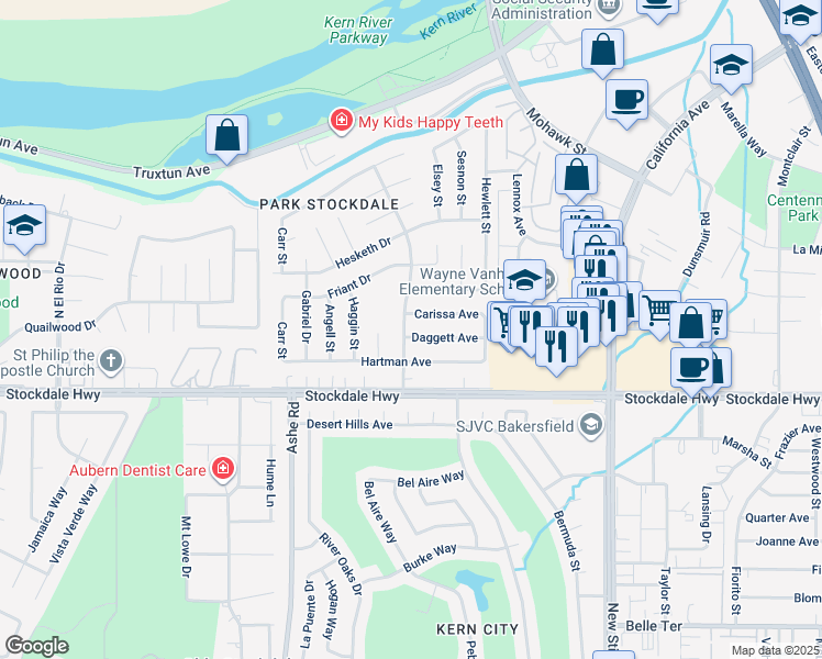 map of restaurants, bars, coffee shops, grocery stores, and more near 5916 Daggett Avenue in Bakersfield
